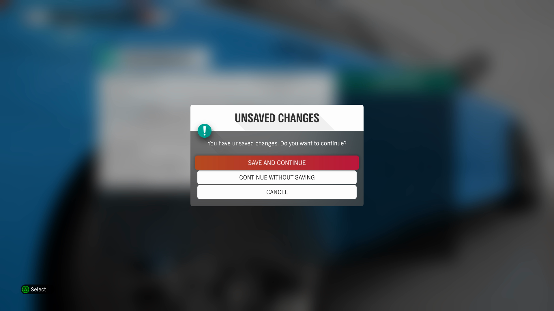 A screenshot from Forza Horizon 4, displaying a warning message that's entitled "Unsaved Changes." The "Save and Continue" menu item is highlighted.