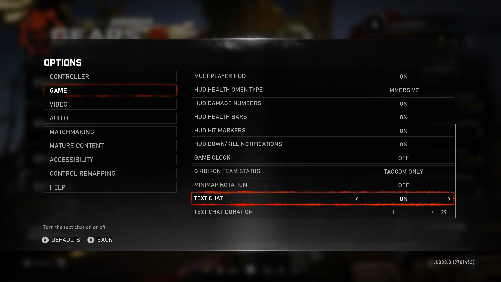  A screenshot from Gears 5 that shows the "Options" screen. The "Game" tab is selected. The toggle "Text Chat" is selected and is set to "On." 