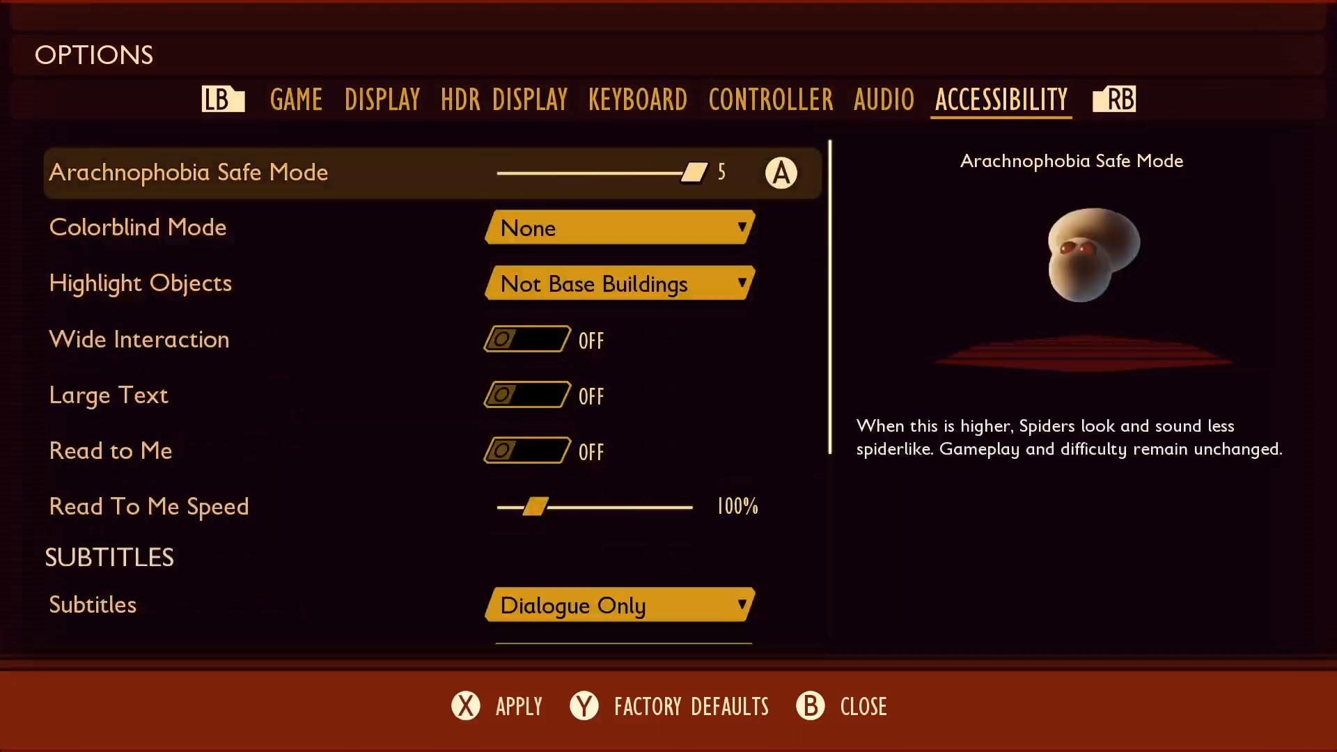 Grounded Options menu highlighting the Arachnophobia safe mode setting, which is set to the maximum of 5. To the right is a preview of a spider with this setting looking like two floating circles with no legs."