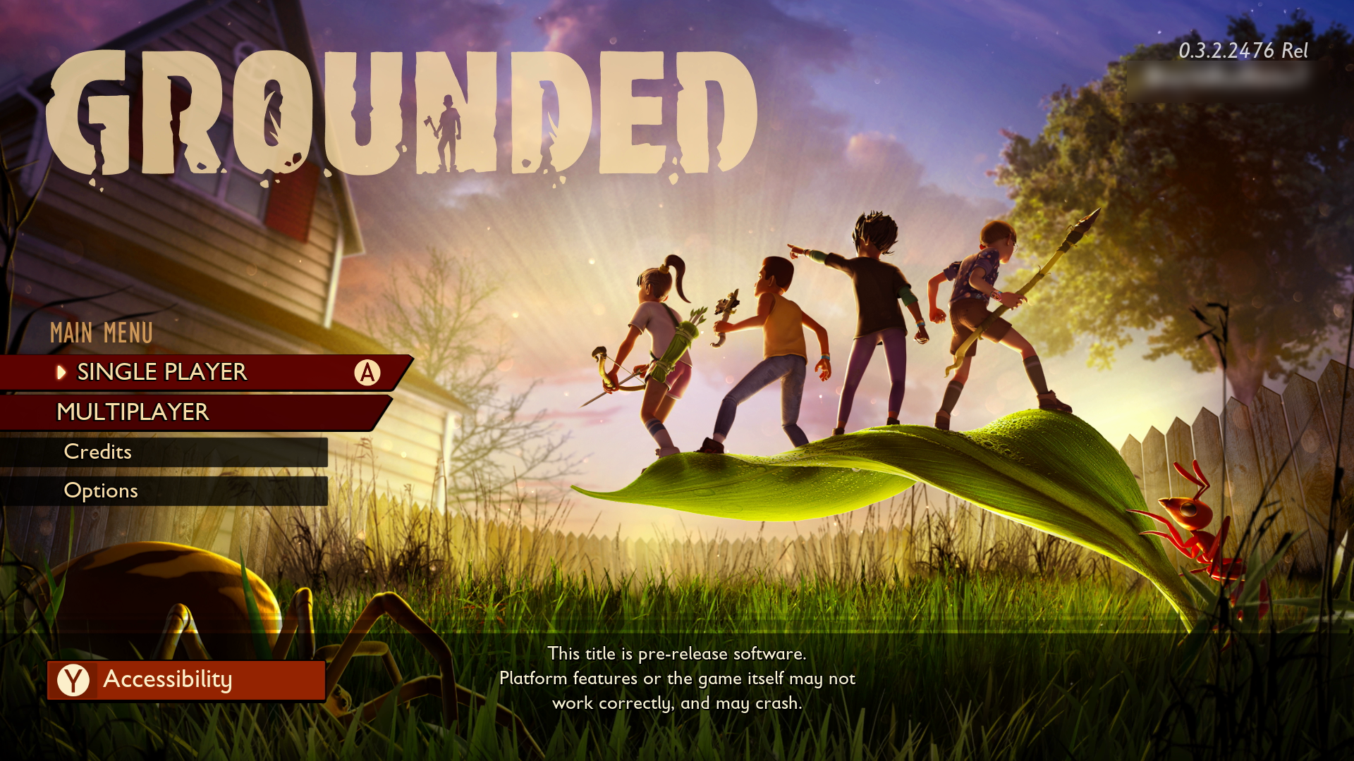 A screenshot from the game Grounded that shows the main menu with various options the user can chose from, including "Single Player," Multiplayer," and "Quit."