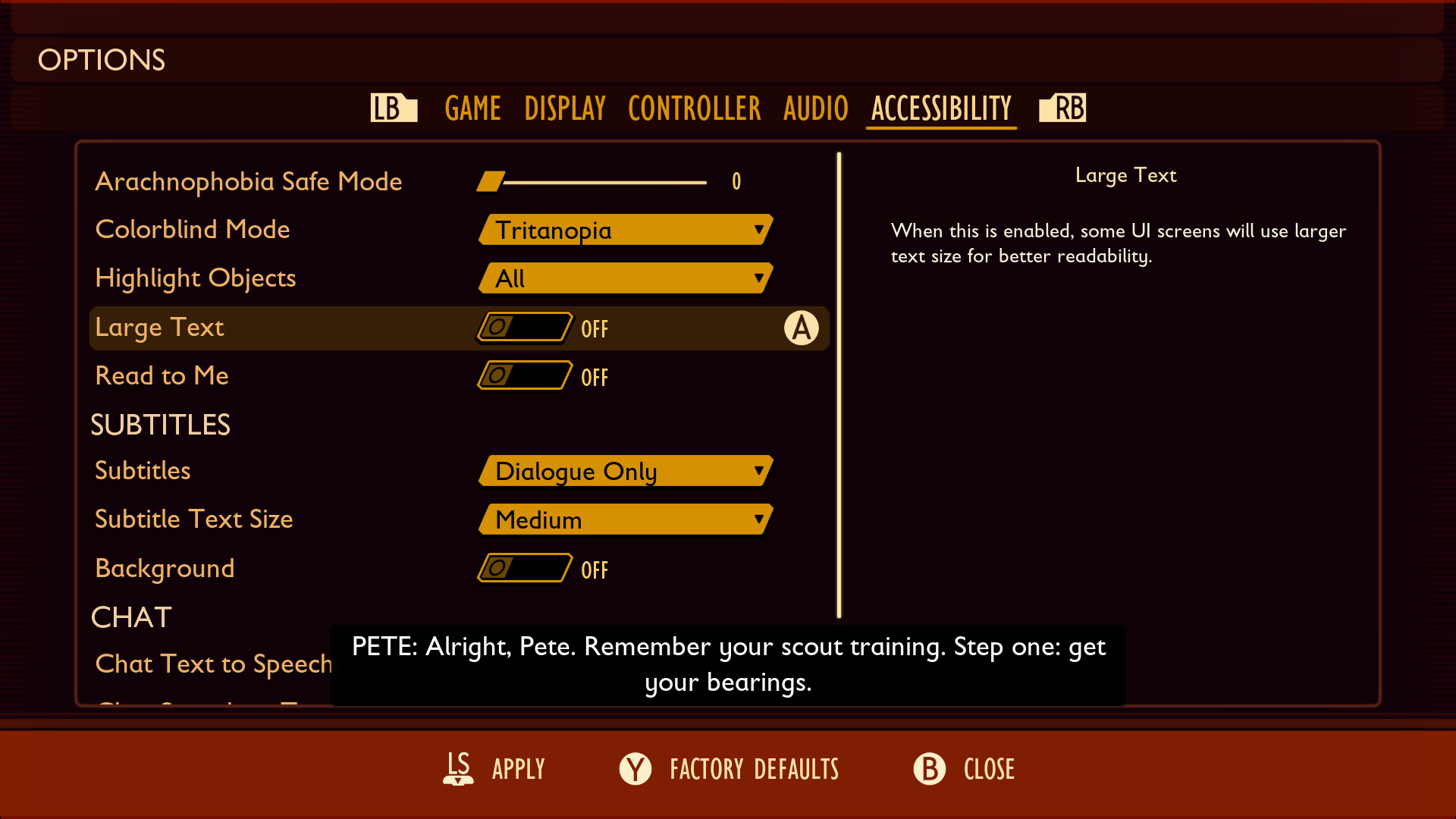 A screenshot from Grounded that shows the "Options" menu. The "Accessibility" tab is activated. The "Large Text" toggle is selected and is set to "Off."