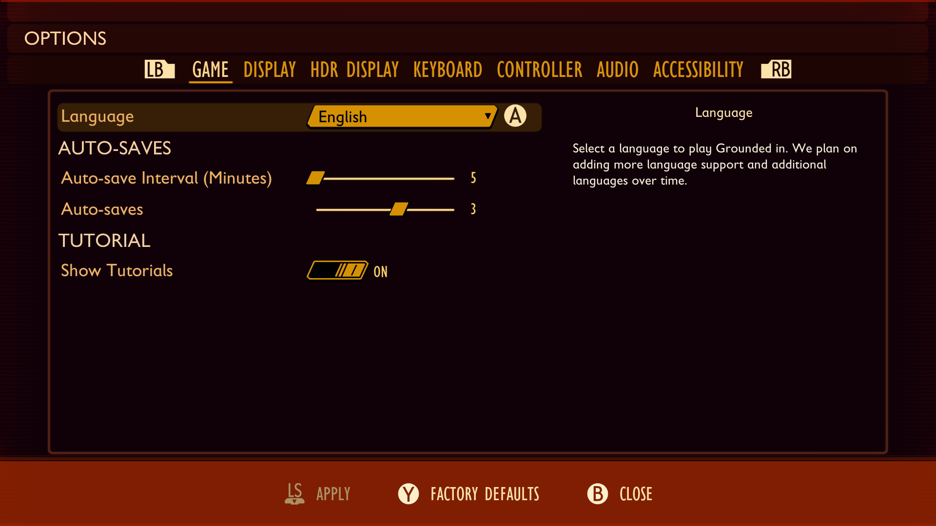 Screenshot of Grounded game OPTIONS with Language set to English. 