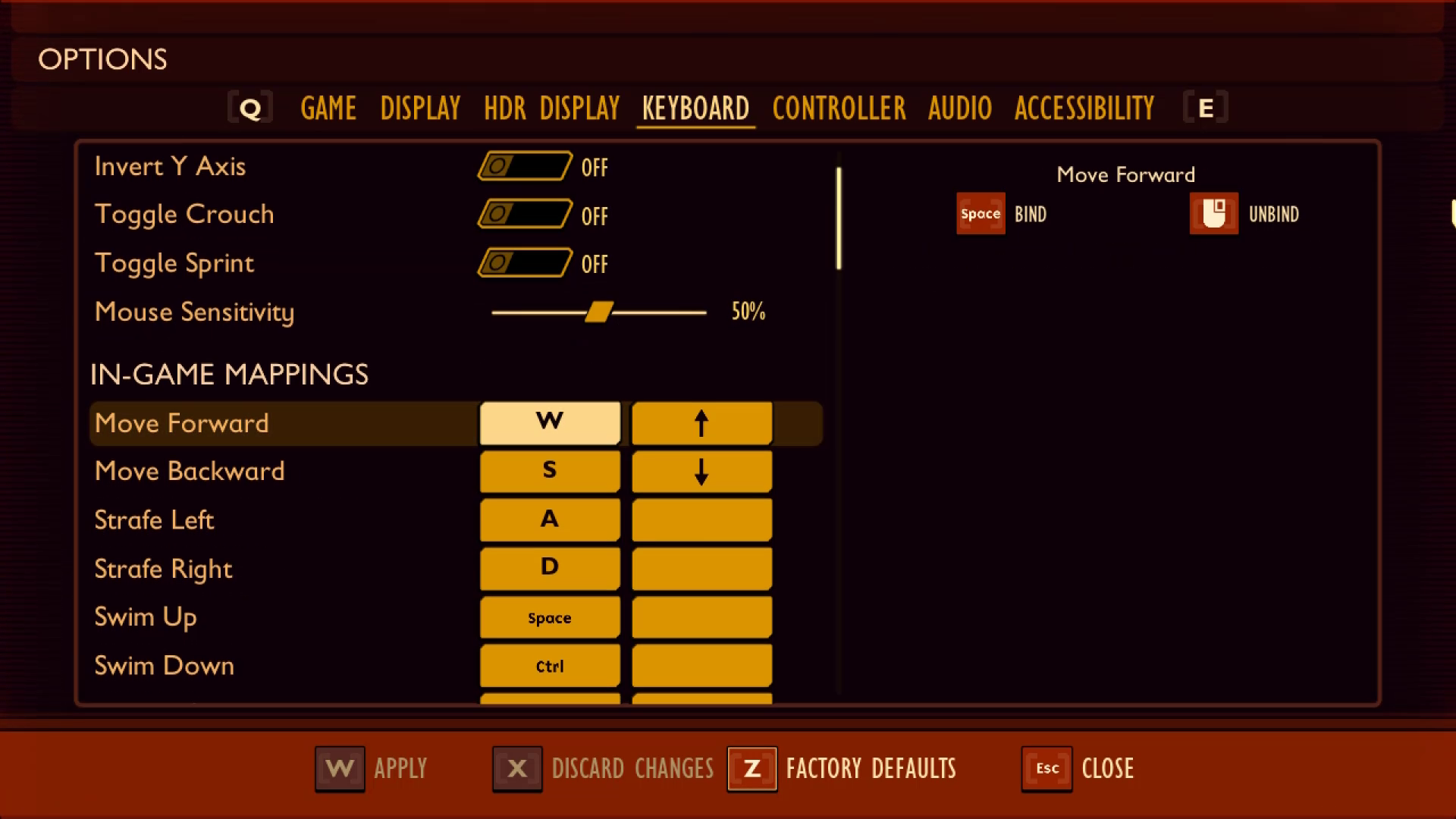 A screenshot from Grounded on PC, showing the keyboard remapping options UI.