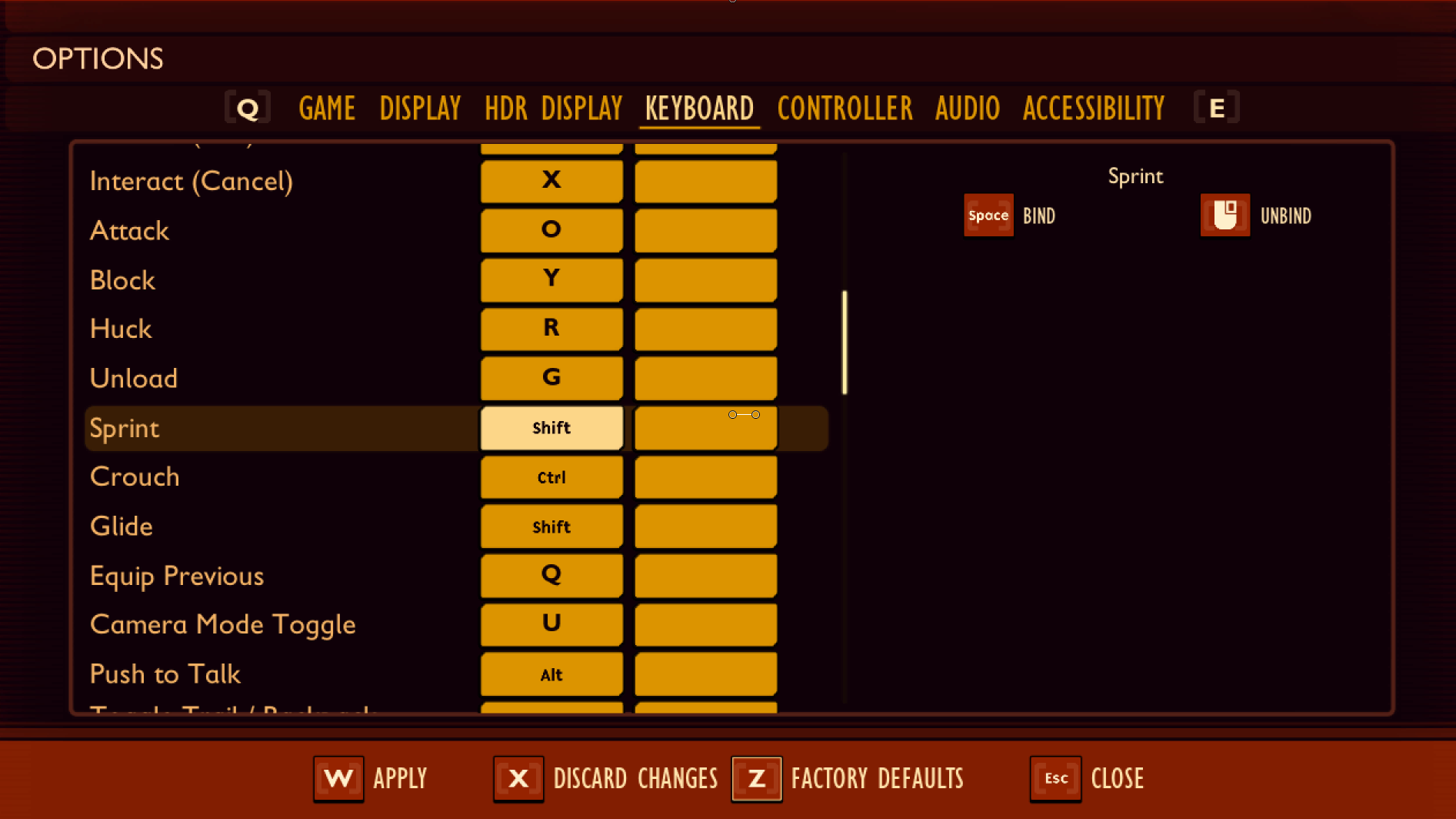A screenshot from Grounded, displaying the "Options" menu. The "Keyboard" tab is selected, and "Sprint" is highlighted.
