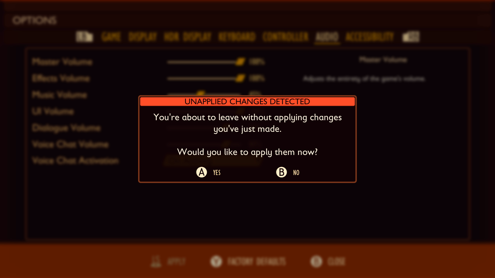 A screenshot from Grounded. A warning dialog box appears that reads "Unapplied Changes Detected. You're about to leave without applying changes you've just made. Would you like to apply them now?"