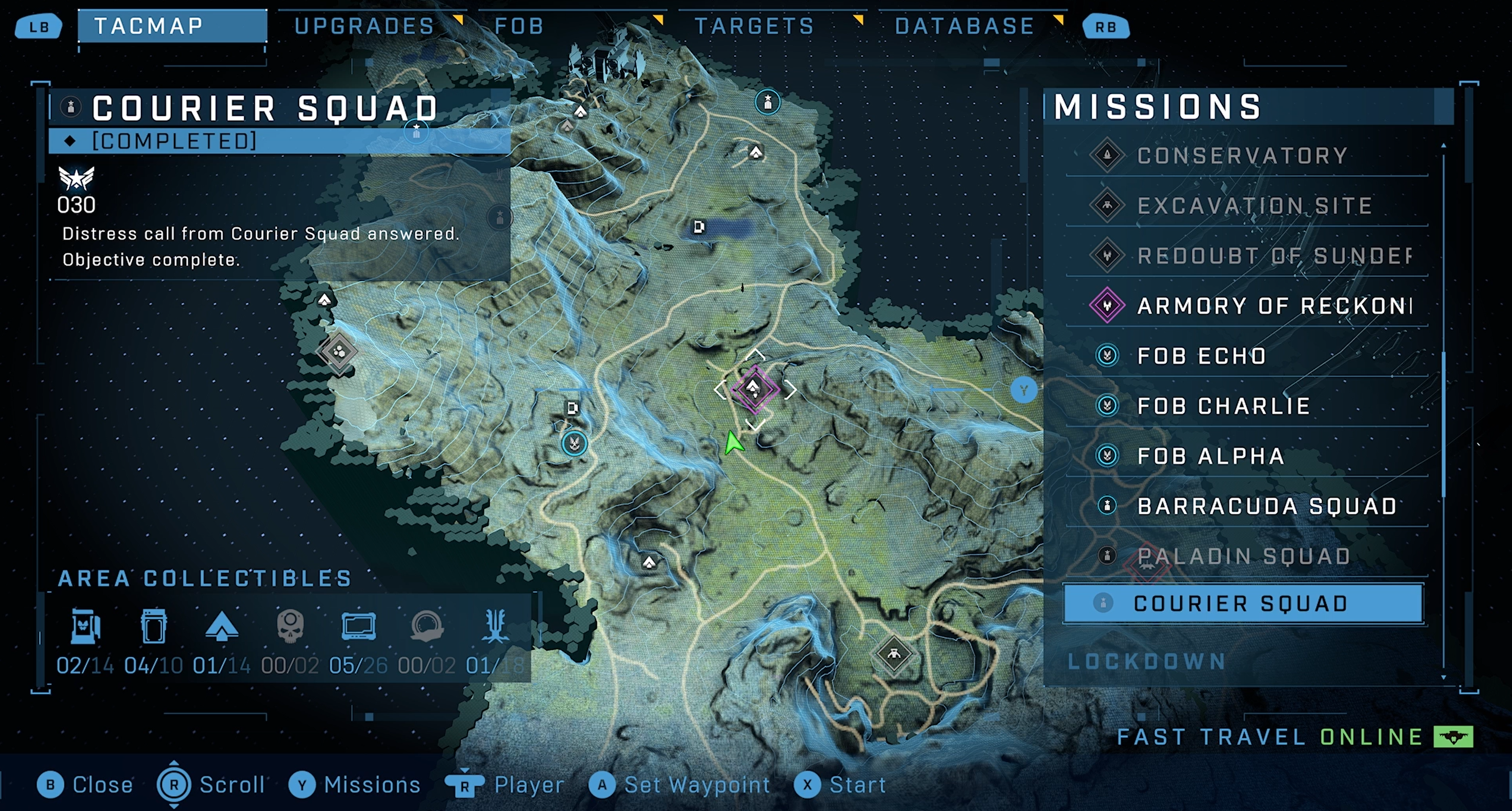 Halo Infinite screenshot of the Tacmap showing the in-game world map. On the right is a missions menu overlaid over the map with a list of missions. The focus is in this list on "The Courier.".