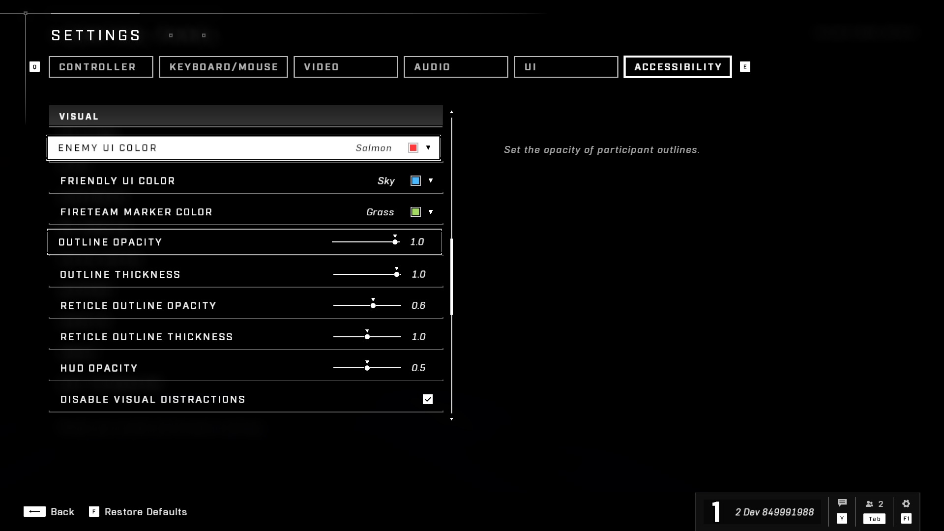 Screenshot of Halo Infinite game settings related to Accessibility. Showing Visual related setting called Enemy UI Color set to color salmon.