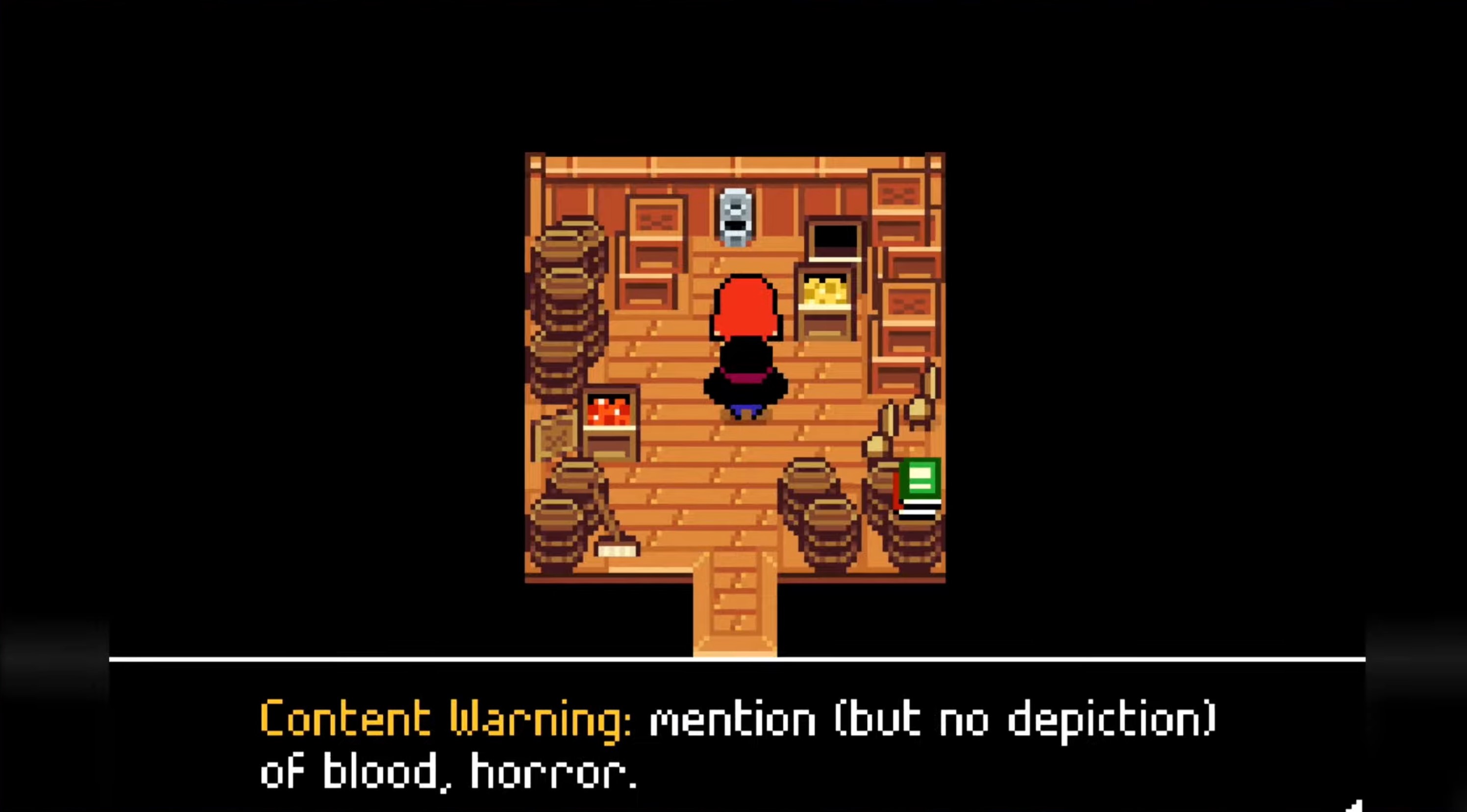 A screenshot of gameplay from Ikenfell. A content warning appears on screen that reads "content warning: mention but no depiction of bloor, horror."