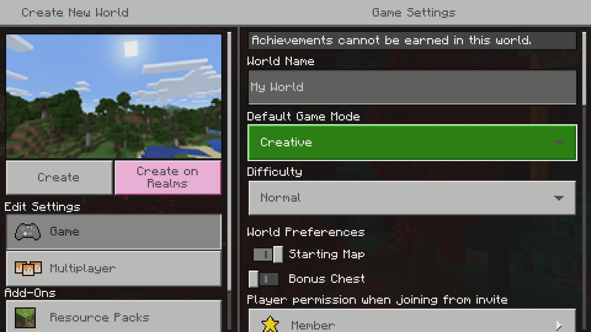 A screenshot of the “Create a New World” menu in Minecraft. The current value for the “Default Game Mode” option is “Creative.