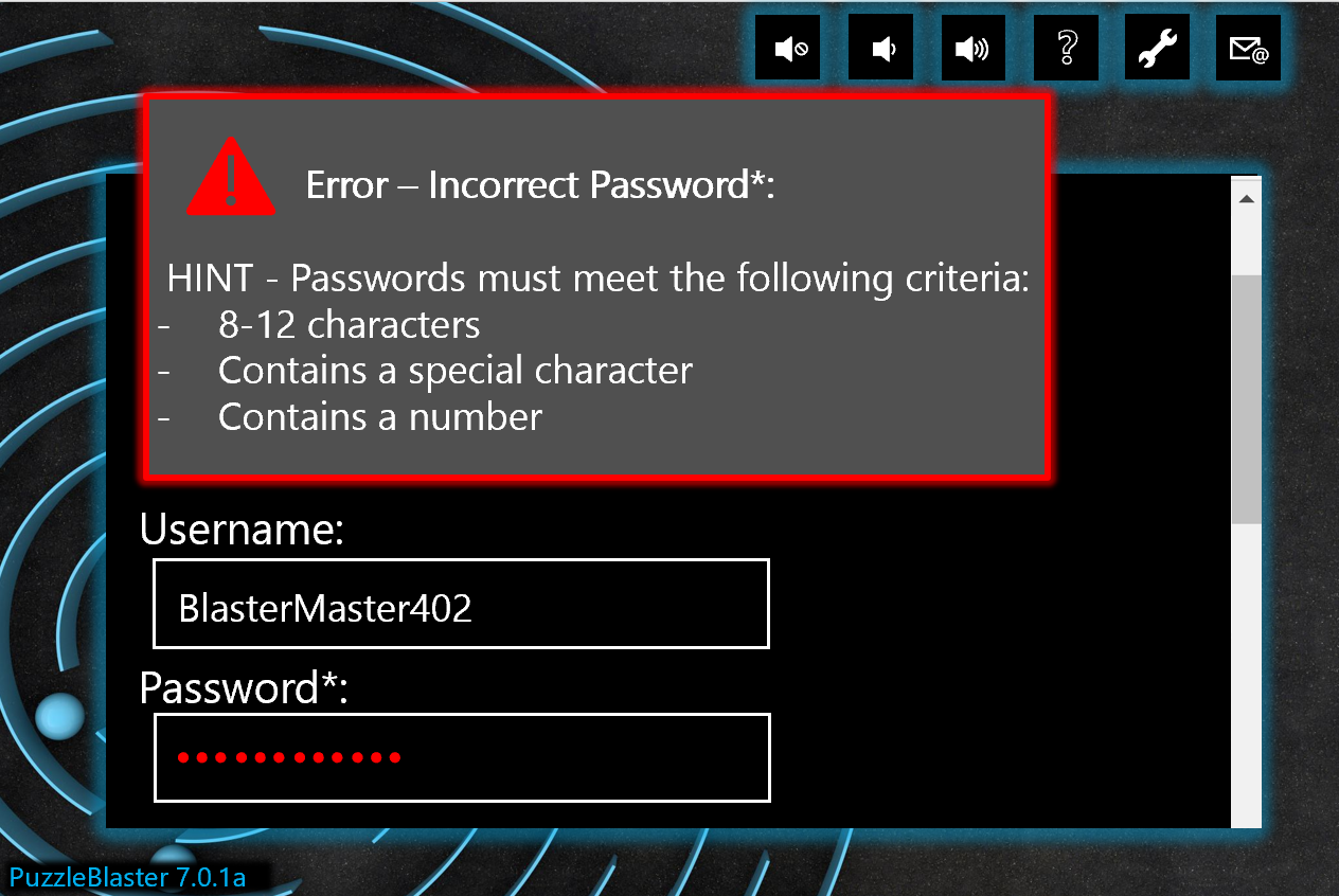 A screenshot from a fake game called "PuzzleBlaster." The username and password form boxes are displayed, both are filled out. A warning message appears above them that states, "Error-Incorrect Password," and then provides criteria hints.