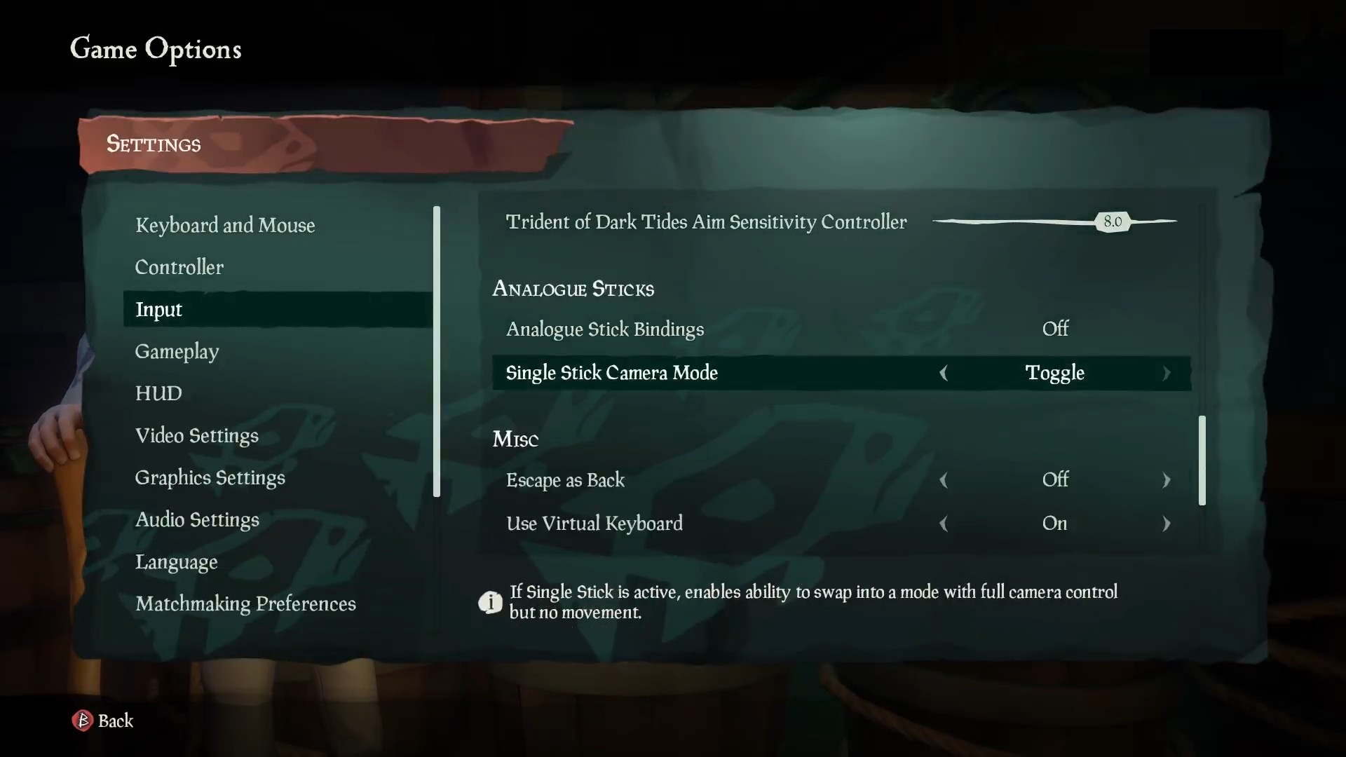 Screenshot of Sea of Thieves game SETTINGS showing Single Stick Camera Mode set to Toggle. 