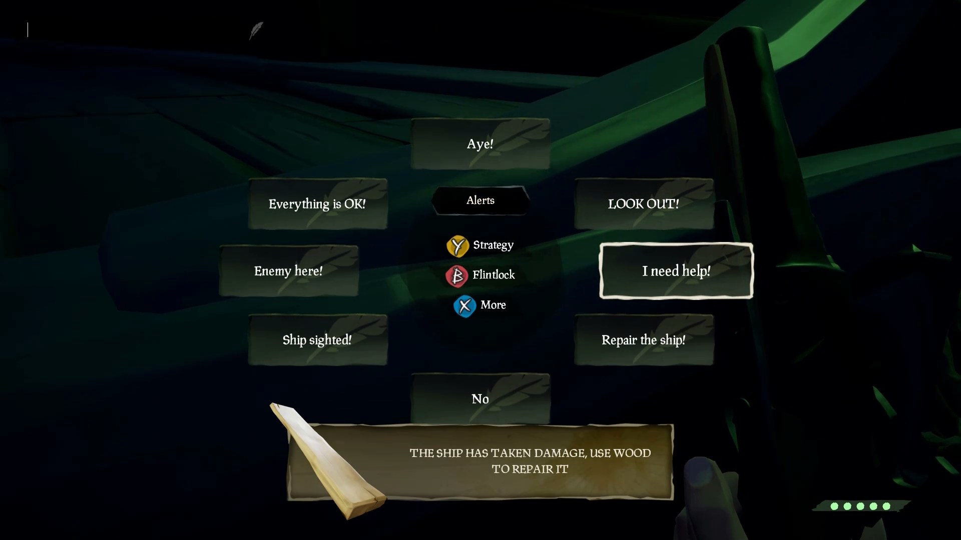 A screenshot from Sea of Thieves. The chat wheel is displayed with "I need help!" selected.