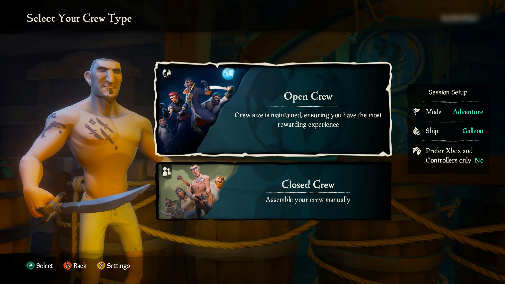 The crew select menu from Sea of Thieves.