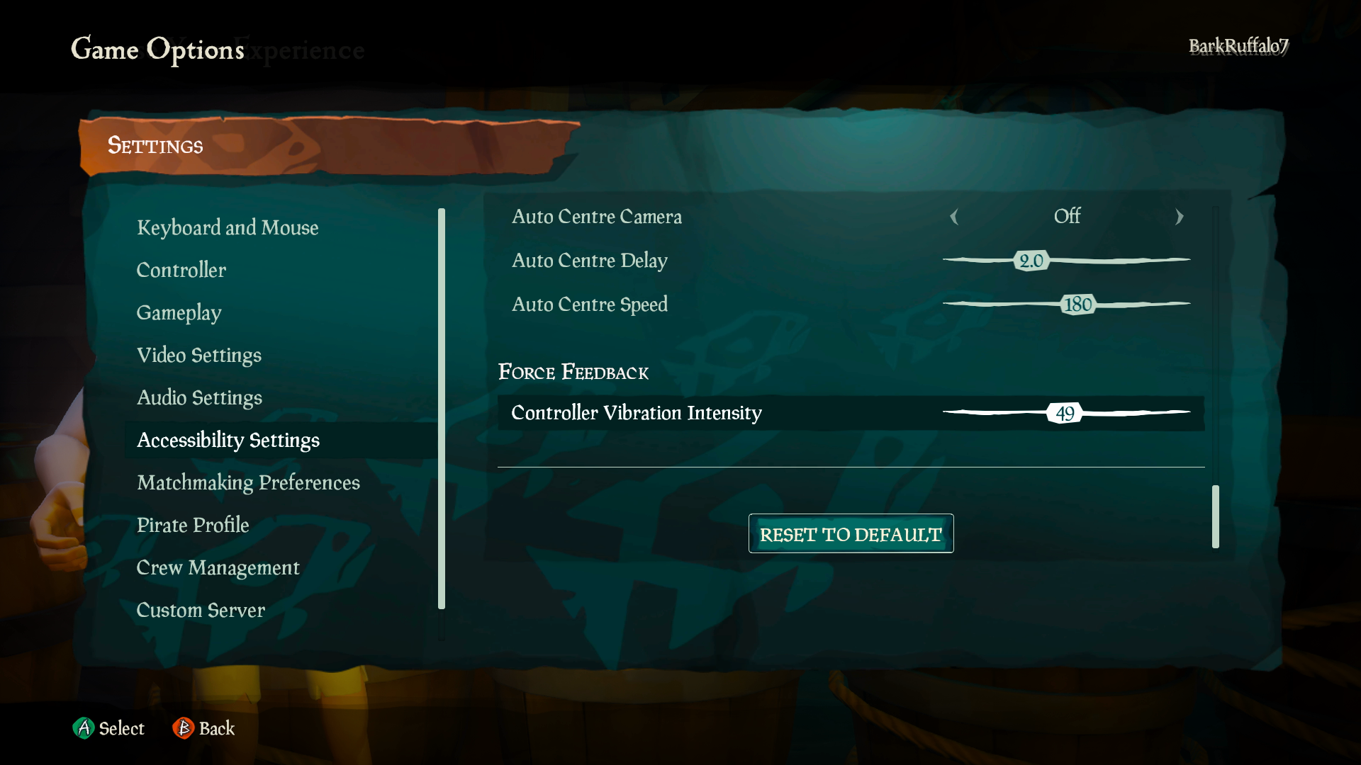 A screenshot from the Sea of Thieves Game Options menu. The "Accessibility Settings" tab is selected. The controller focus is currently on the "Controller Vibration Intensity" option slider. Its current value is set to 49 out of 100.