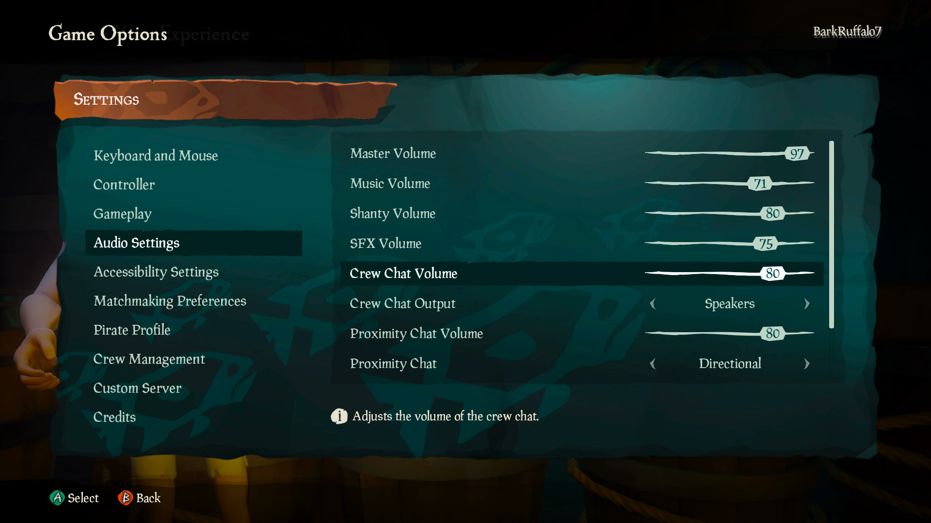 A screenshot from Sea of Thieves that shows the "Game Options" screen. The "Audio Settings" tab is activated. The "Crew Chat Volume" slider is selected and is set to 80.