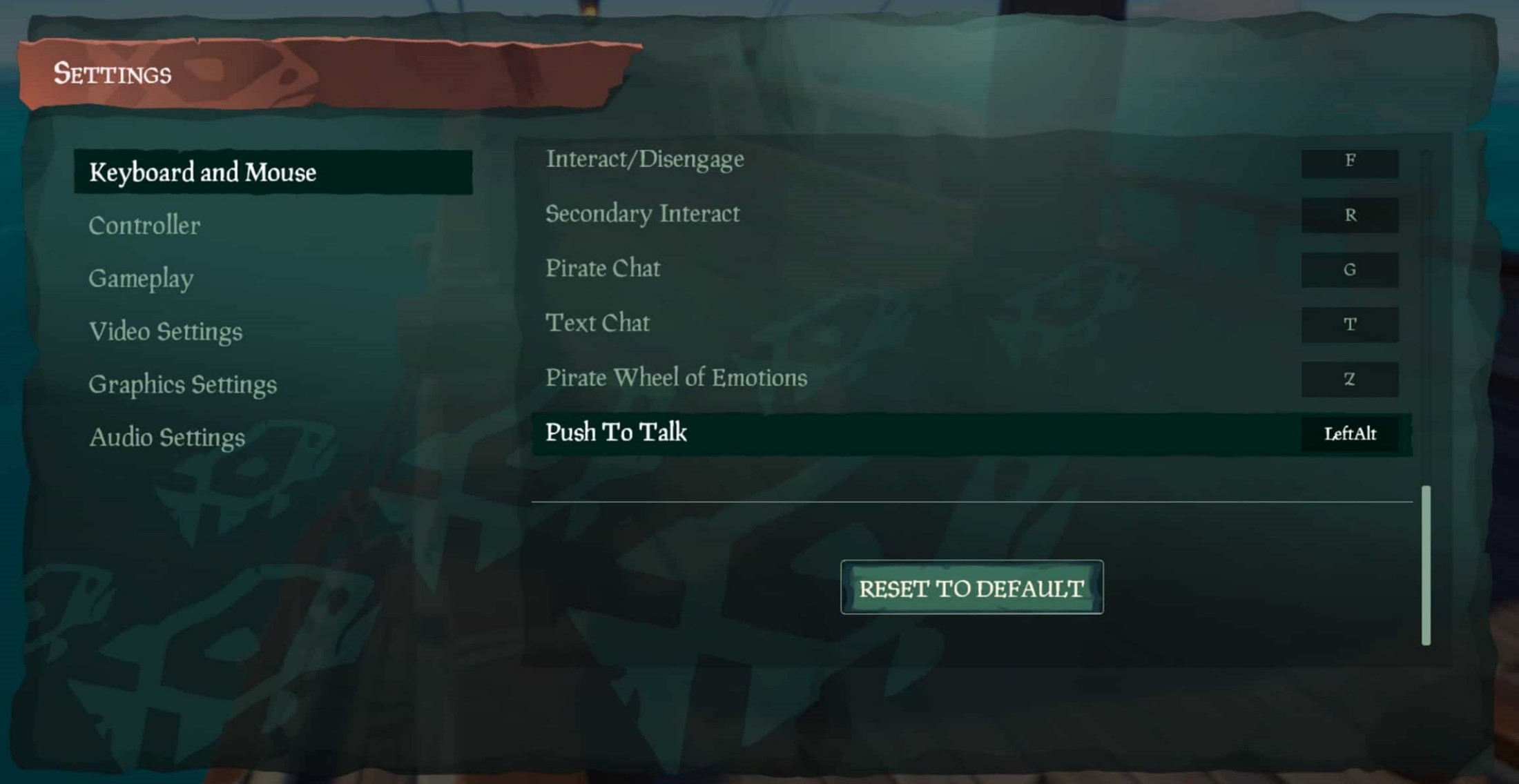 A screenshot from Sea of Thieves that demonstrates an in-game "Settings" menu. The "Keyboard and Mouse" tab is activated. The item "Push to Talk" is selected.