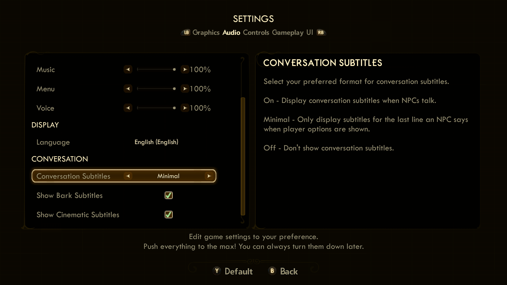 The audio settings menu for The Outer Worlds. Under the conversation category, the player is focused on the first option, conversation subtitles, which is set to minimal. On the right side of the screen, there's an explanation of the three options: on, minimal, and off. On displays subtitles when an NPC talks. Minimal only displays subtitles for the last line that an NPC says when player options are shown. Off doesn't show subtitles for conversations. Below the conversation subtitles option are toggles to turn Bark Subtitles and Cinematic Subtitles on or off.