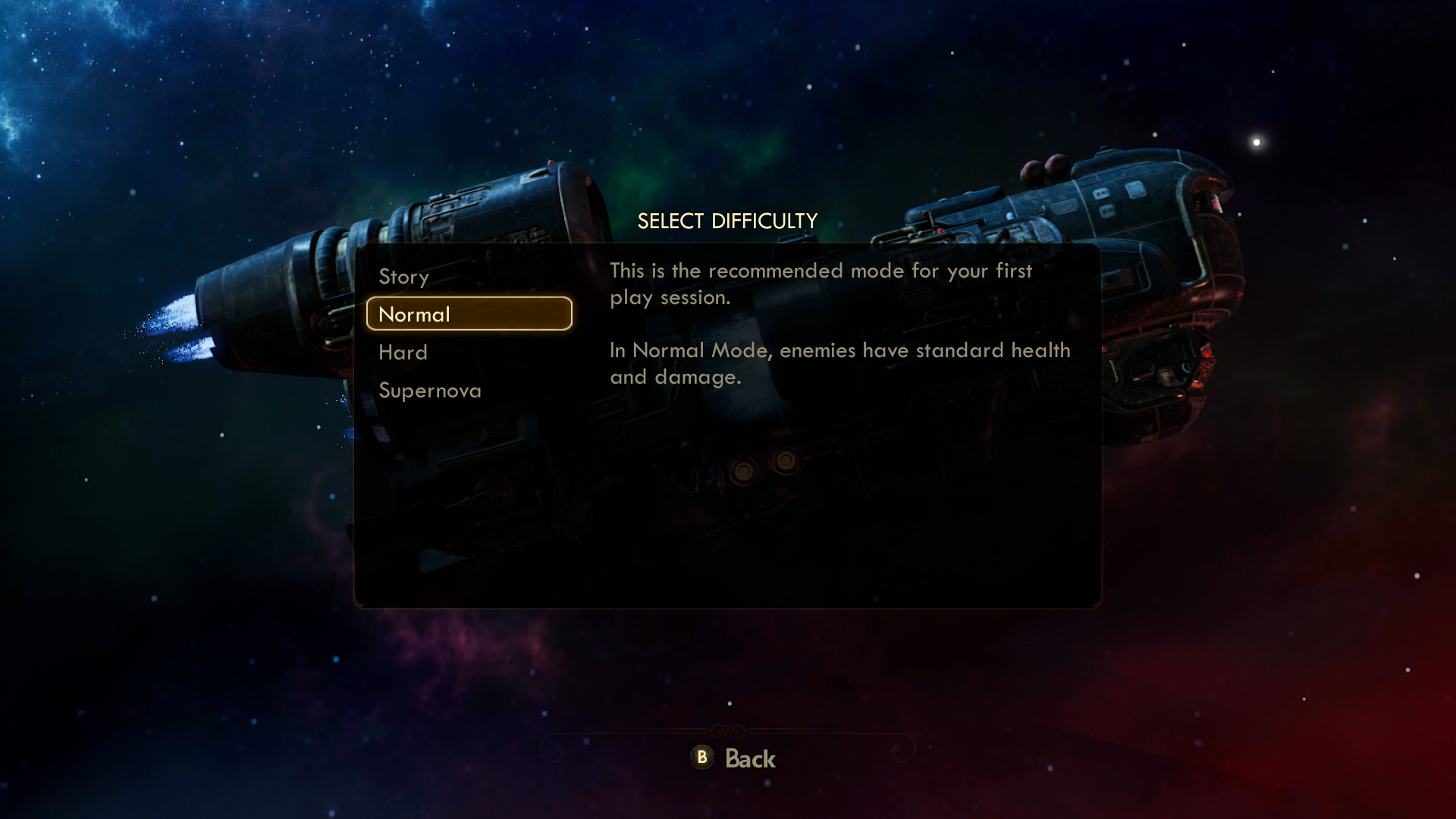 Screenshot from The Outer Worlds, showing a difficulty selection screen with "Story," "Normal," "Hard," and "Supernova." "Normal" has focus.