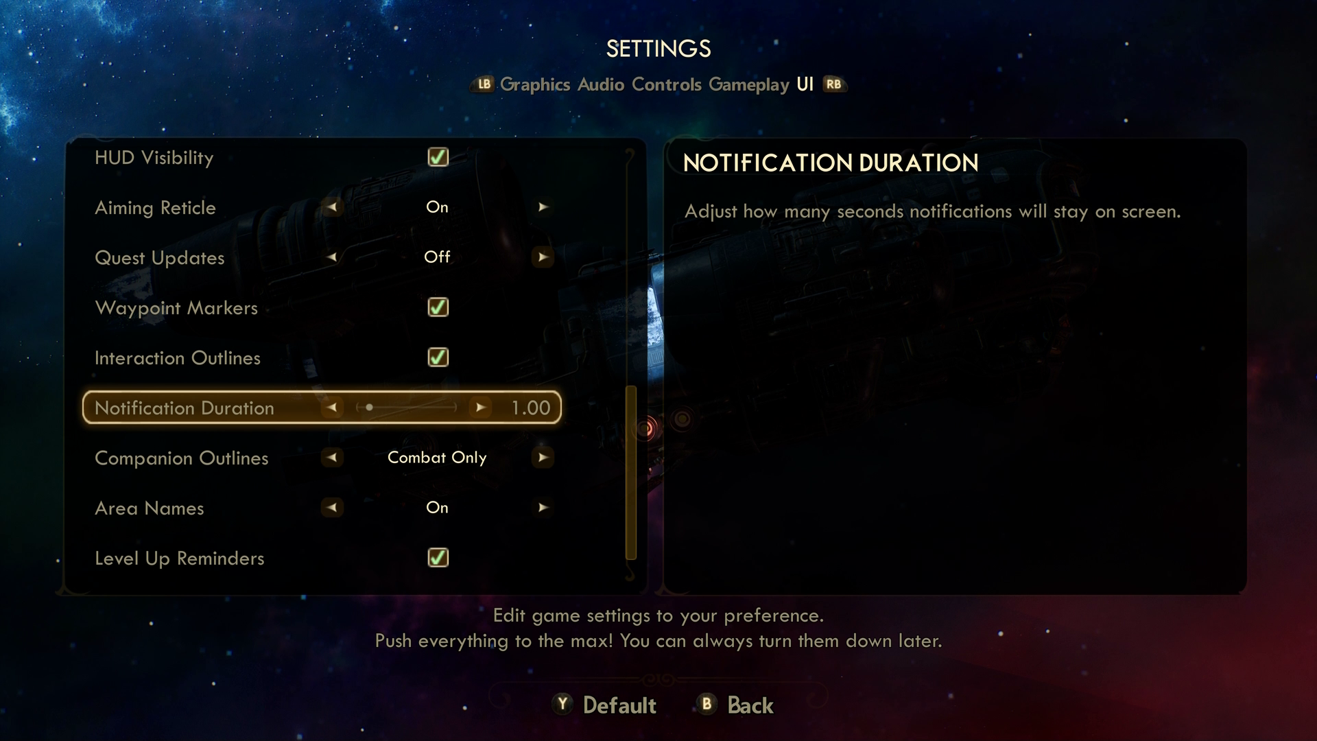 A screenshot from The Outer Worlds, showing the "Settings" screen. The "UI" tab is selected. The "Notification Duration" slider is selected and has a value of 1.