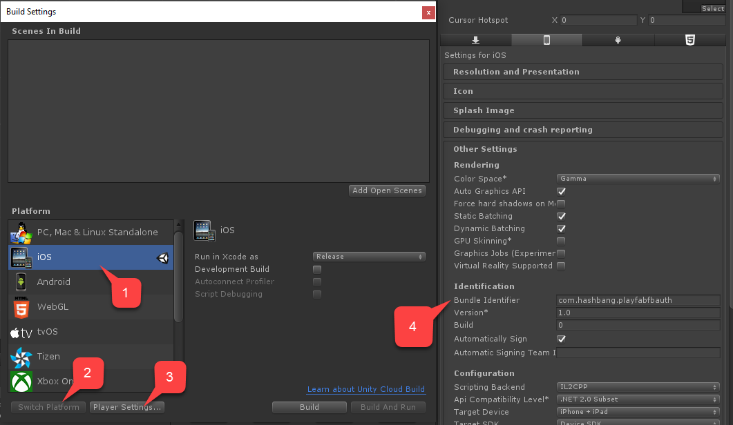 Scene setting. Bundle ID что это. Unity Bundle ID. Resolution and presentation Unity.