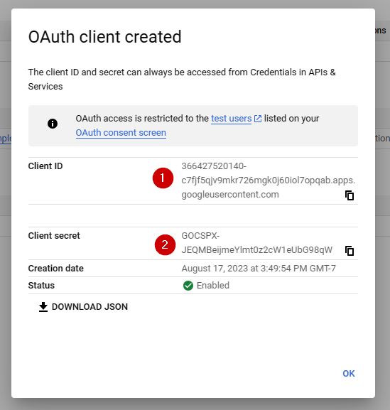 Google API Manager OAuth client ID and secret