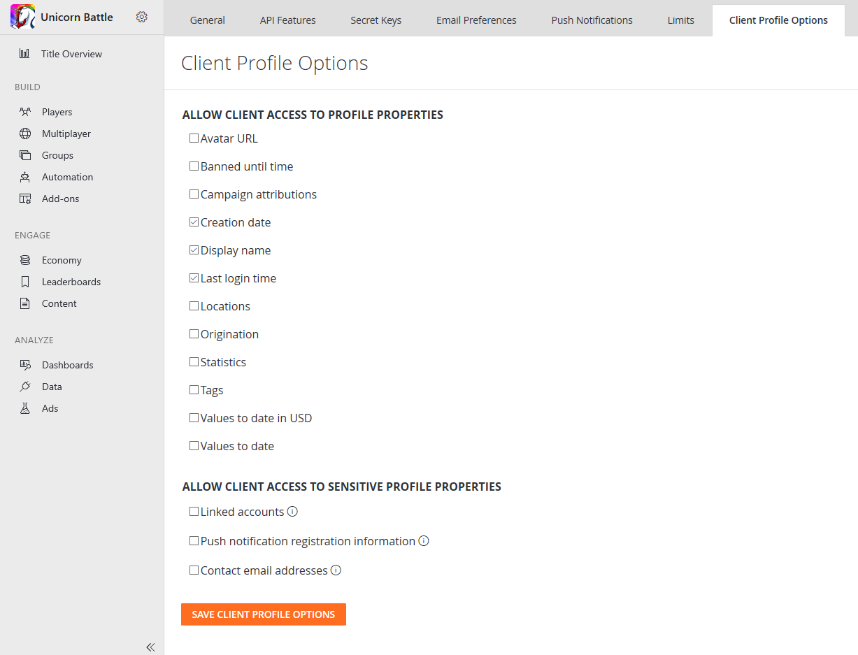 PlayFab Settings * Client Profile Options * Allow client access to profile properties