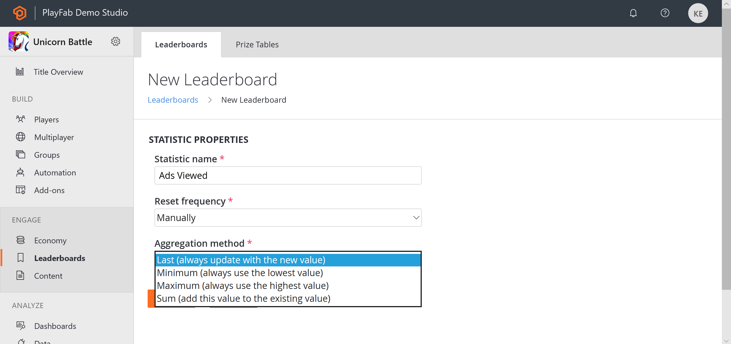 PlayFab Leaderboards - Edit Leaderboard - Stat aggregation