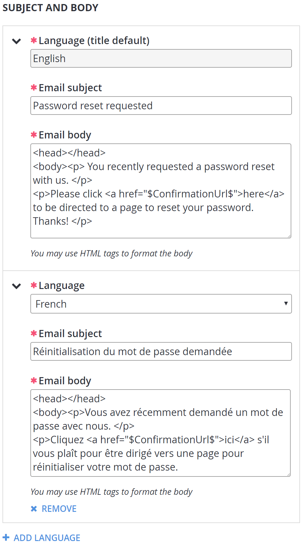 Edit Email Template - Subject and Body - French Language