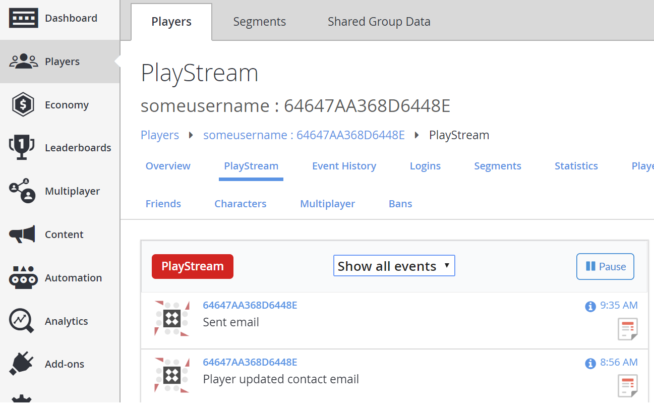 Game Manager - Players - PlayStream - Sent email event