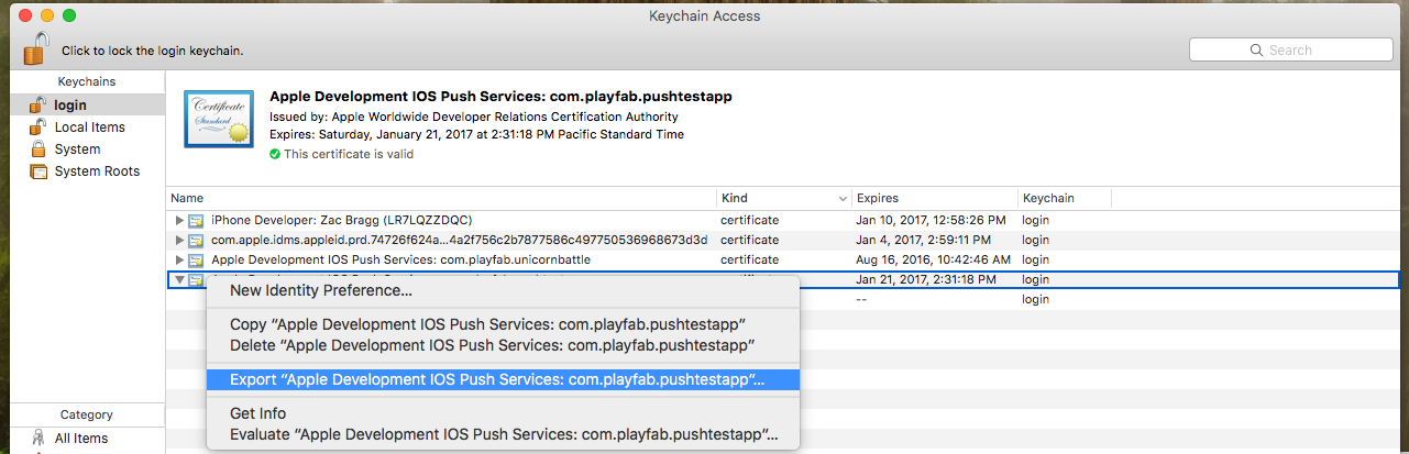Apple export Keychain Access Certificate
