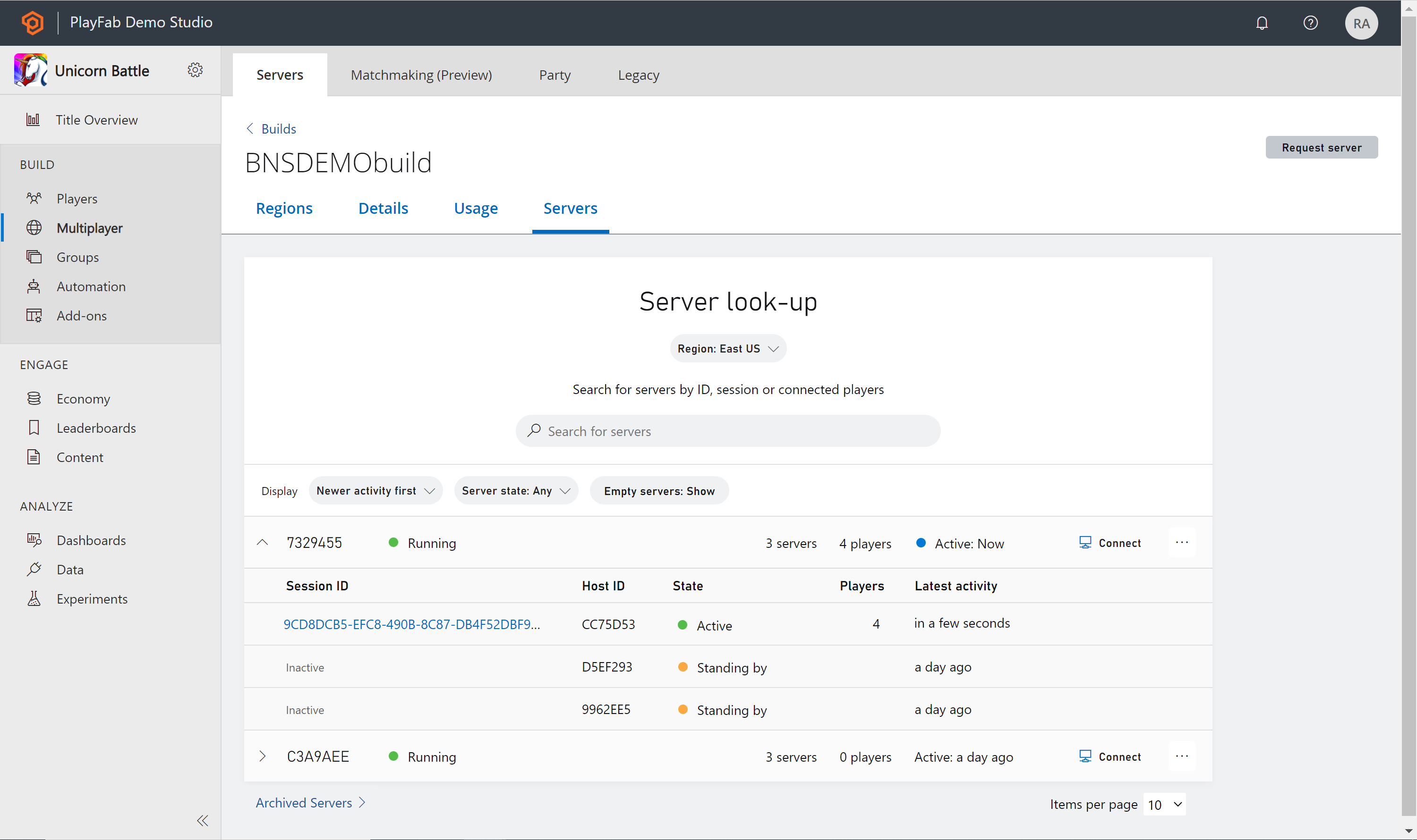 PlayFab Multiplayer Servers build servers overview page