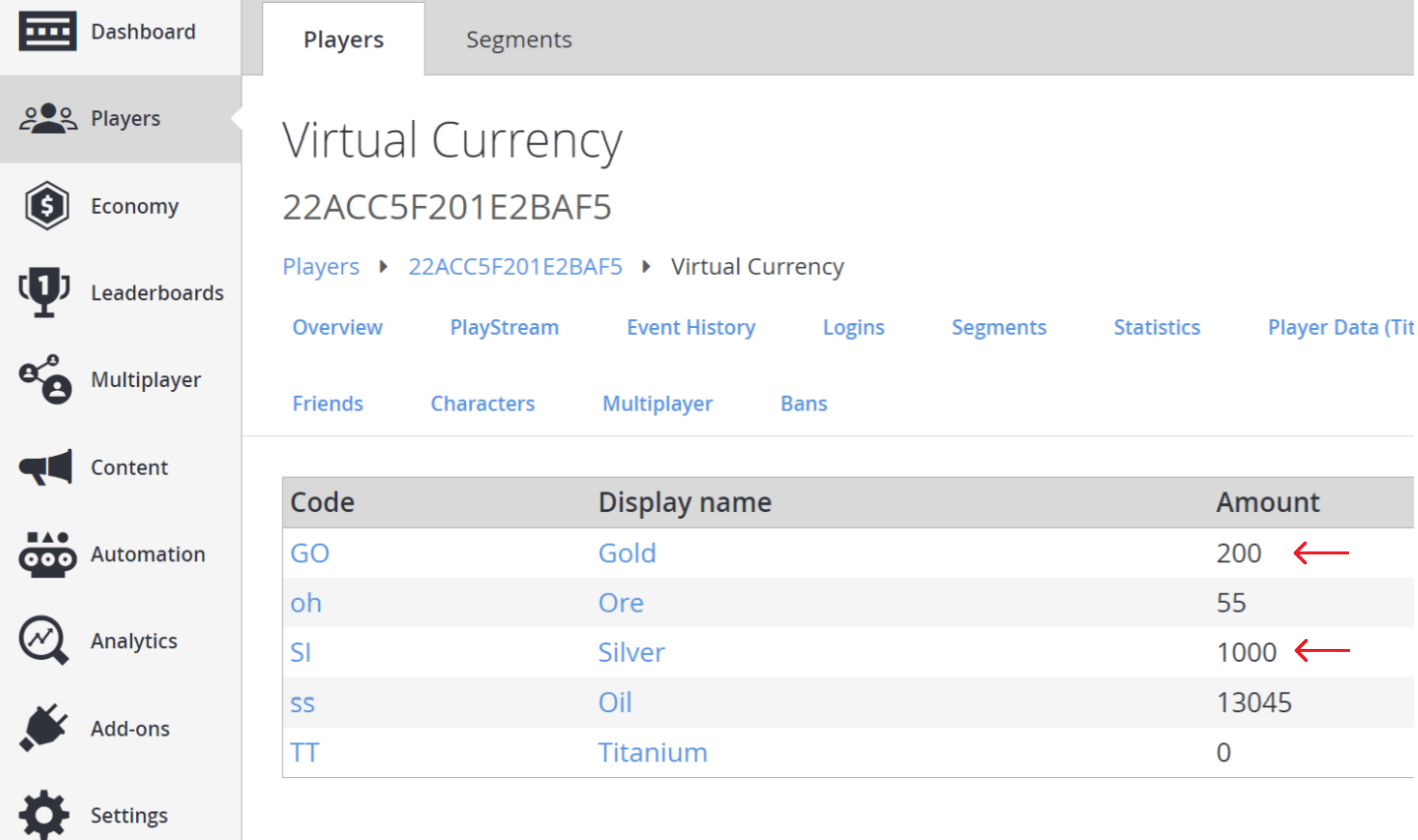 Game Manager - Players - Virtual Currency - Check values