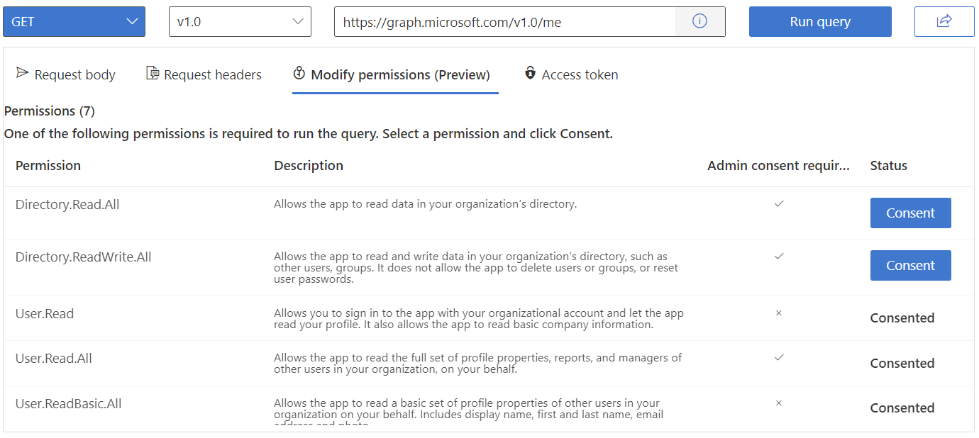 Screenshot of Graph Explorer with the steps to consent to permissions highlighted