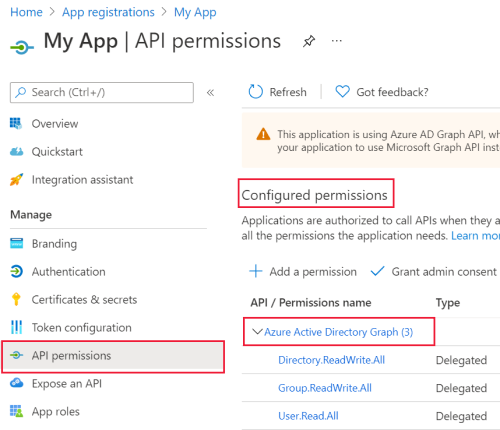 An app's API permissions list from the Azure portal.