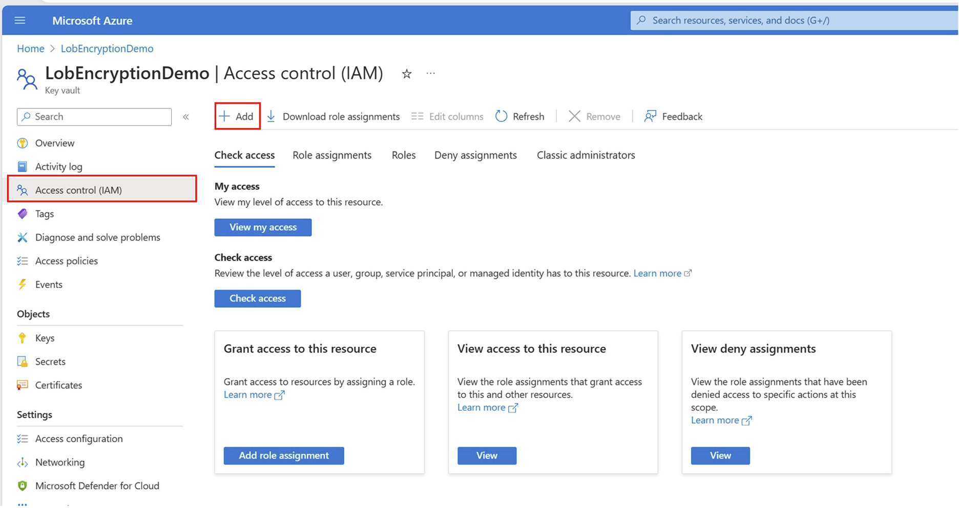 Screenshot of Azure Key Vault for an app with Access control (IAM) and Add highlighted