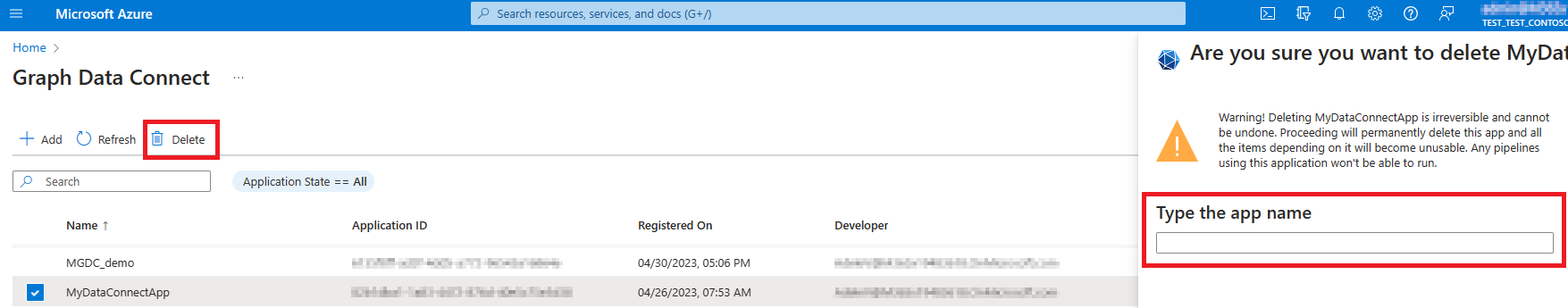 Screenshot of the app registration Delete Registration entry page.