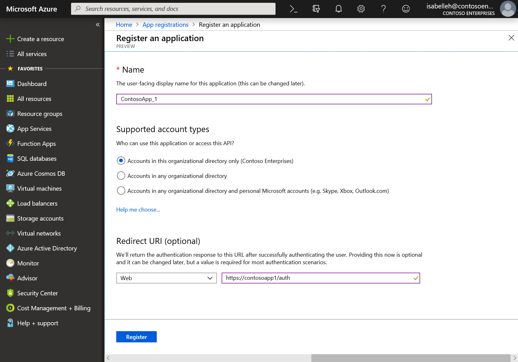 Register a new application in the Azure portal