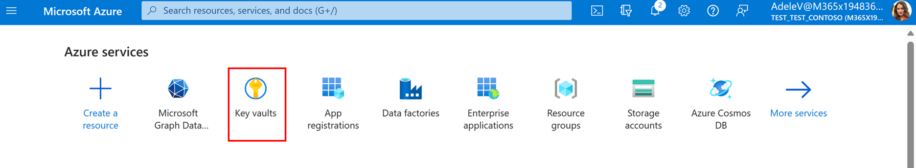 Screenshot of the the Azure portal with Azure Key Vault highlighted