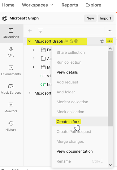 Screenshot showing the Microsoft Graph collection in Postman and the option to create a fork