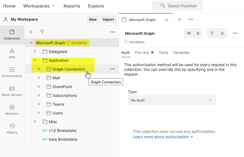 Screenshot of the My Workspace section in Postman, showing the Microsoft Graph collection forked 