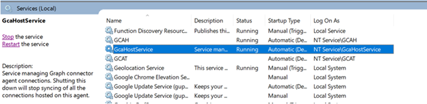 Screenshot of the services window with GcaHostService running