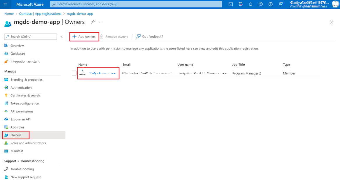 A screenshot that shows a user set as owner for the application registration in the Azure portal.