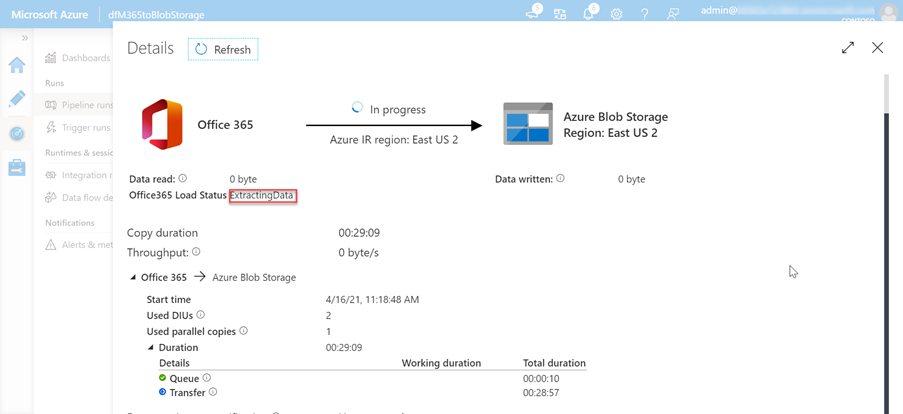 A screenshot showing the Azure portal UI for the Data Factory service where the load status is now showing as "Extracting data".