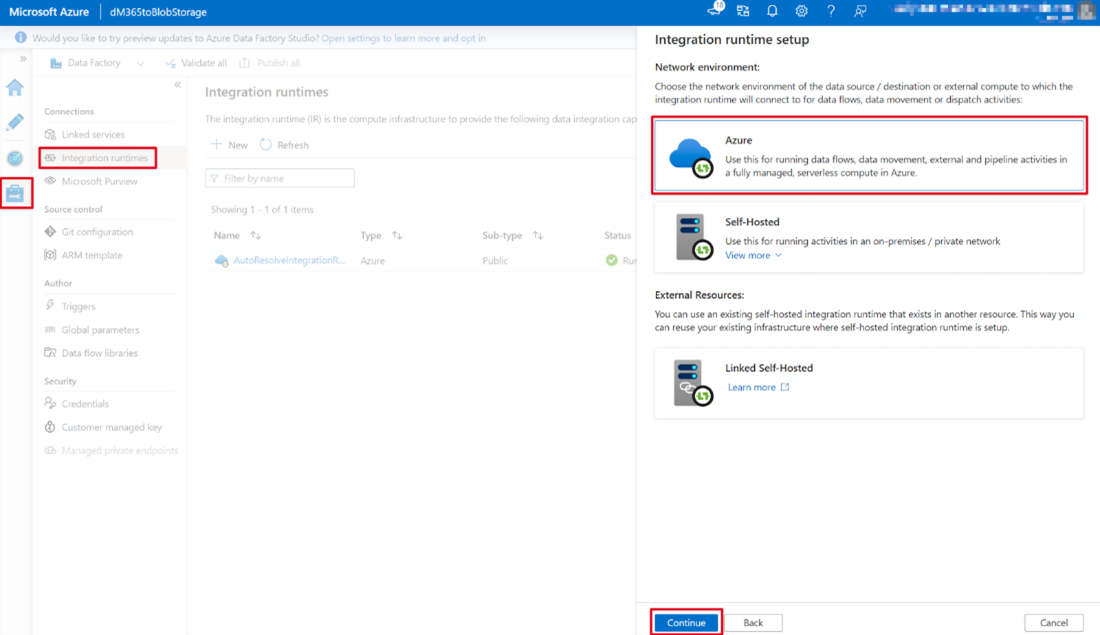 Screenshot of the Azure portal Data Factory service page with the Azure option selected for the network environment.