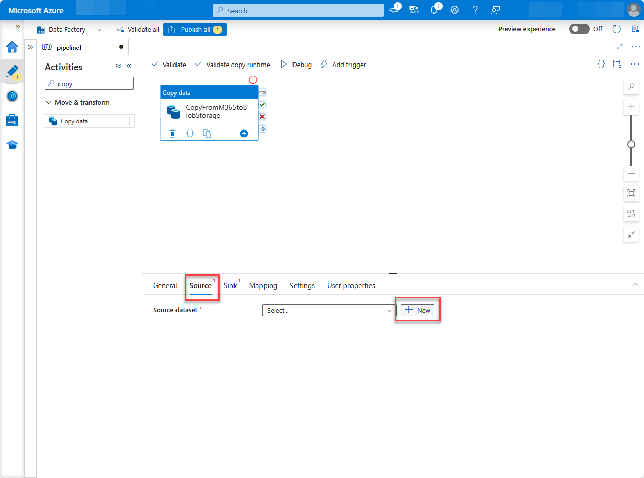 A screenshot of the Azure portal Data Factory service page with creating a new pipeline source.
