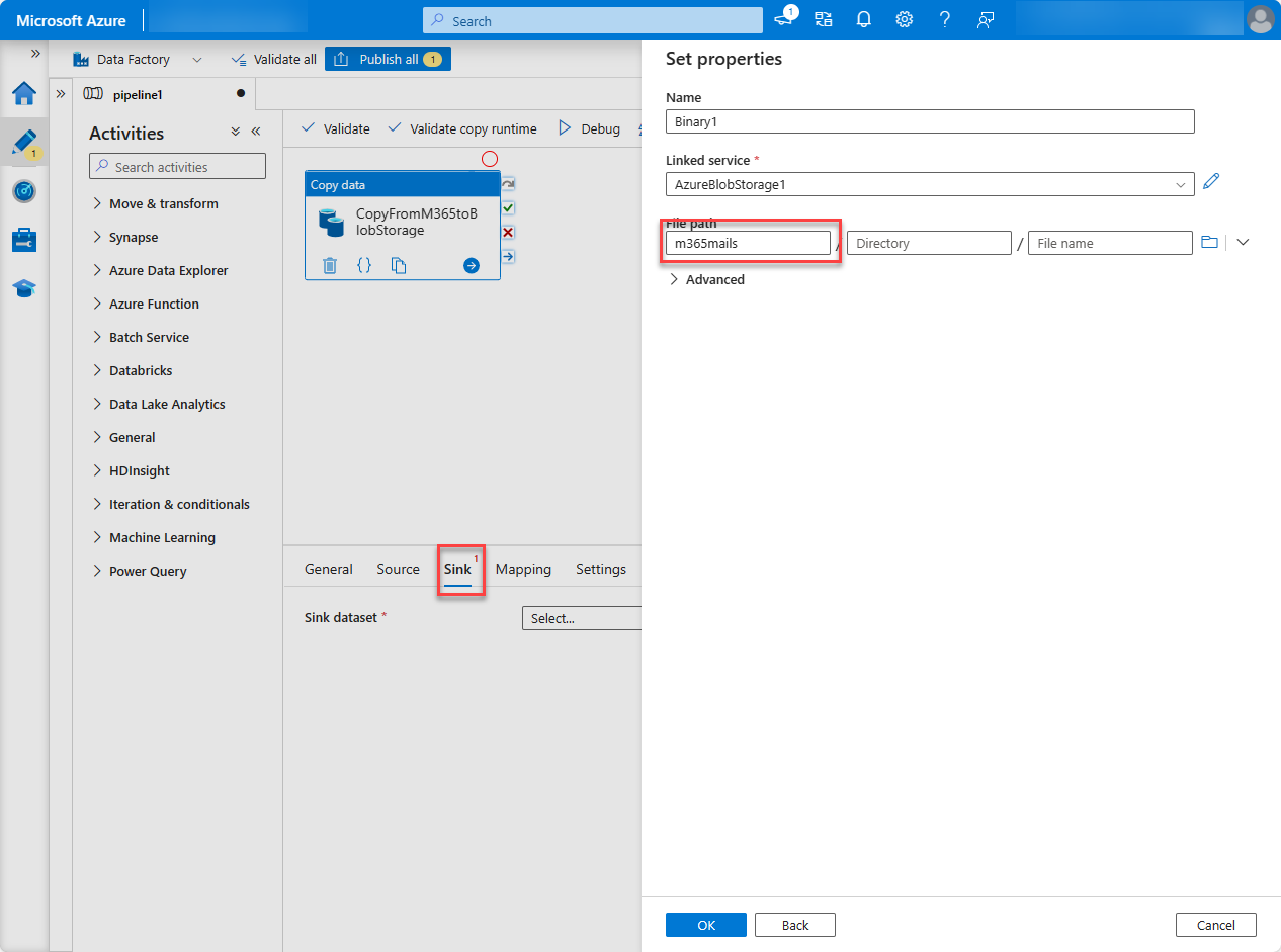 A screenshot of the Azure portal Factory resources page with the file path field highlighted.