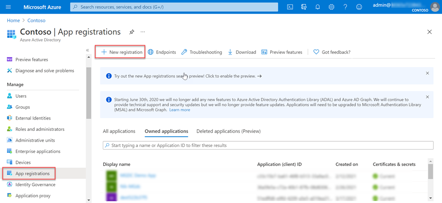 A screenshot showing the App registrations in the Azure Active Directory service in the Azure portal.
