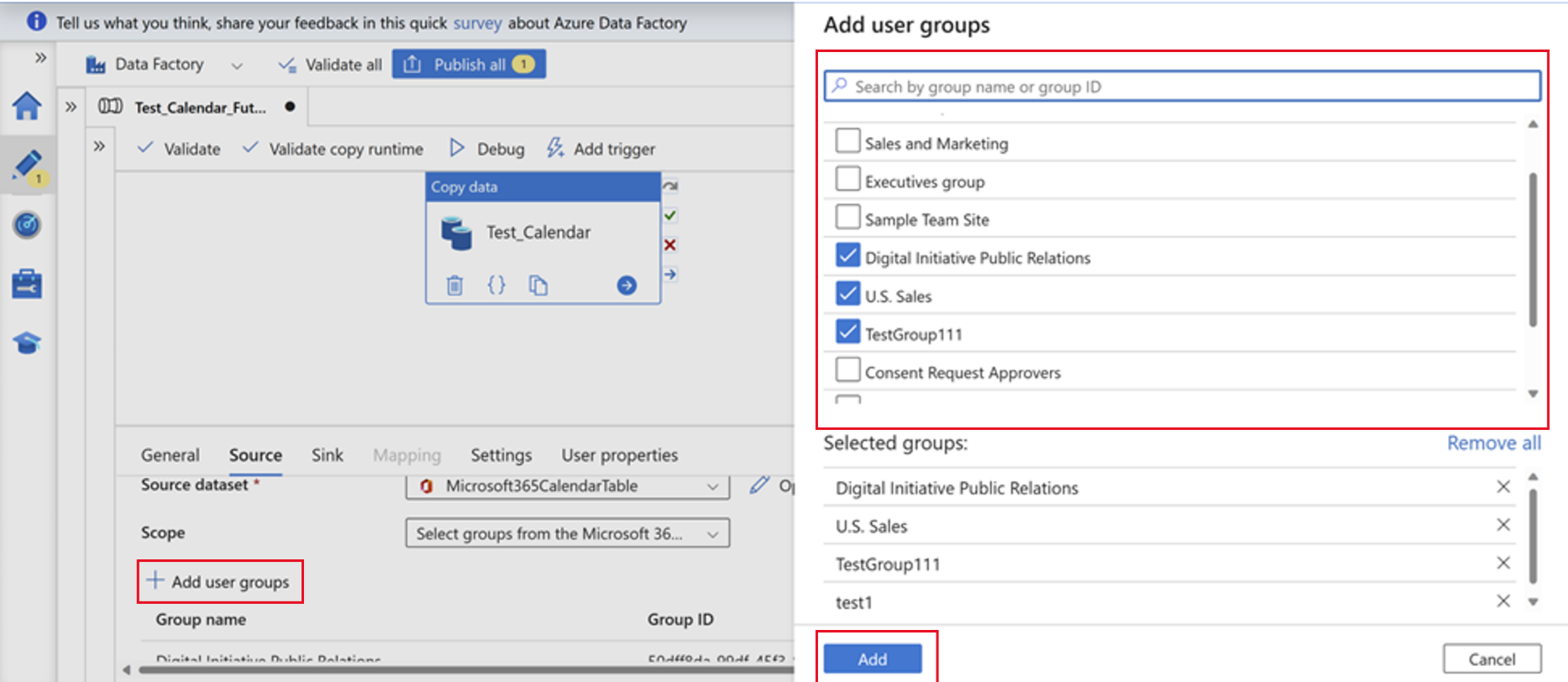 Screenshot of the ADF portal with Add user groups and the Add button highlighted