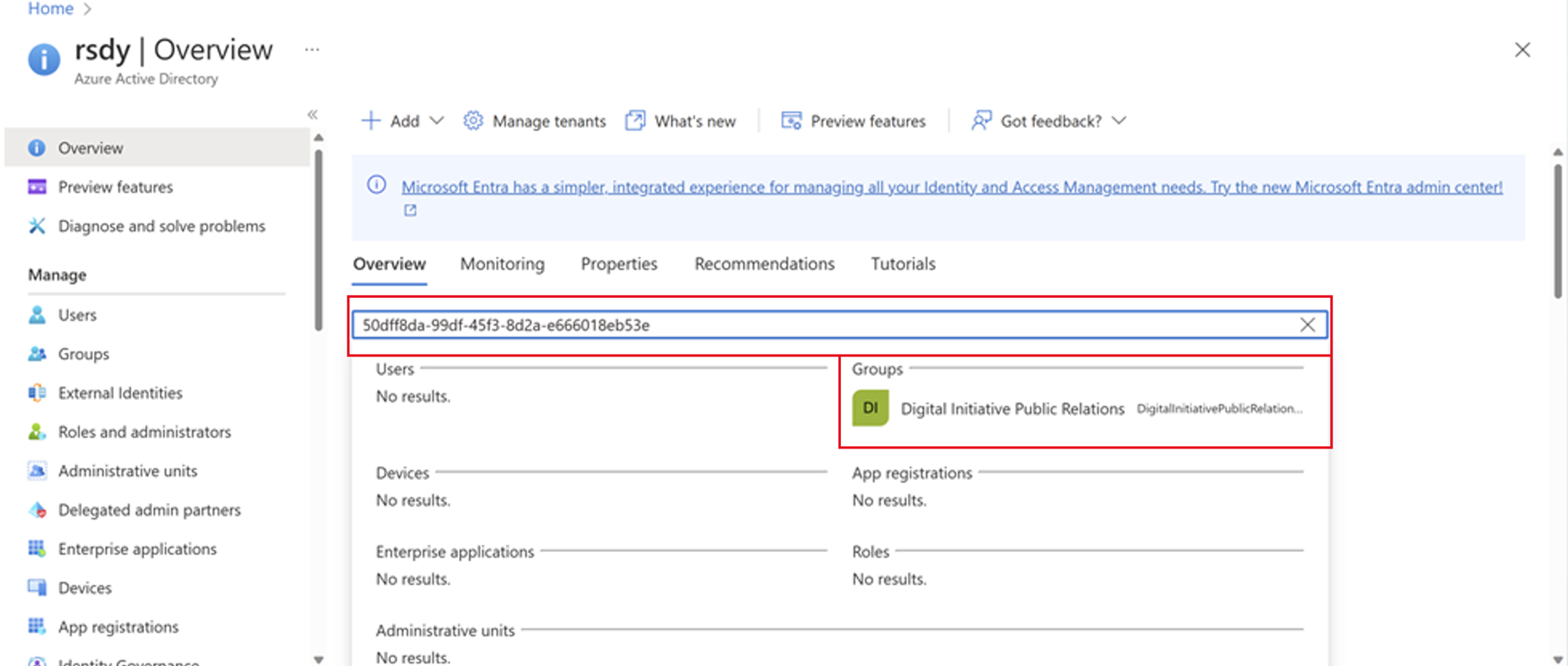 Screenshot of the Microsoft Entra admin center with the group ID field and Groups tab highlighted