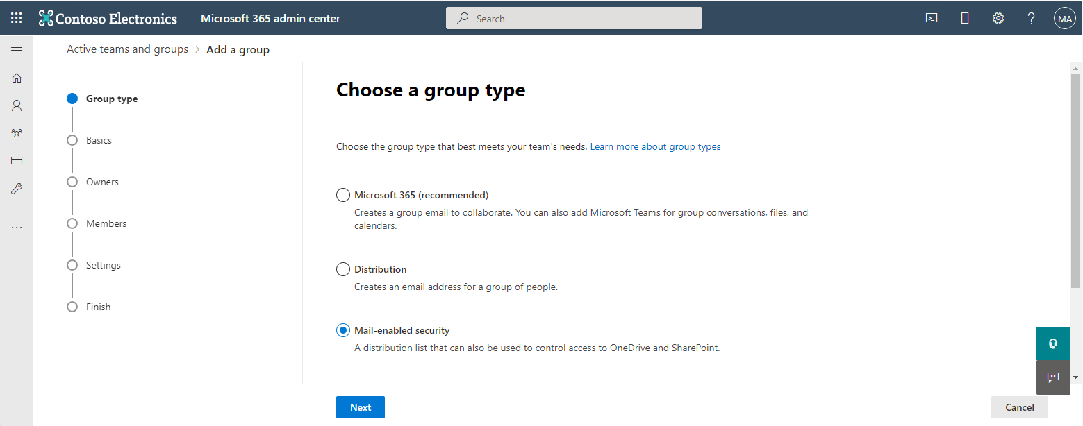 A screenshot showing a user selecting the mail-enabled security for a new group in the Microsoft 365 admin center.